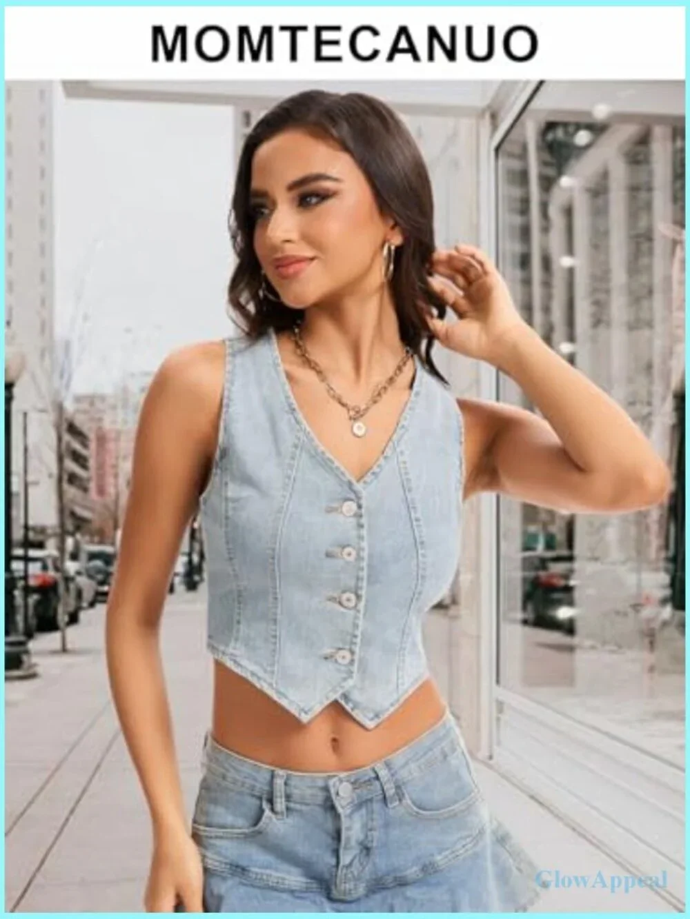 Cropped Denim Vest Sleeveless V-Neck Button Down Fitted Summer Western